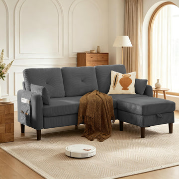 Modern Sectional Sofa with Storage Ottoman, L-Shaped 3-Seat Couch with 2 Pillows and Side Storage Pockage, Reversible