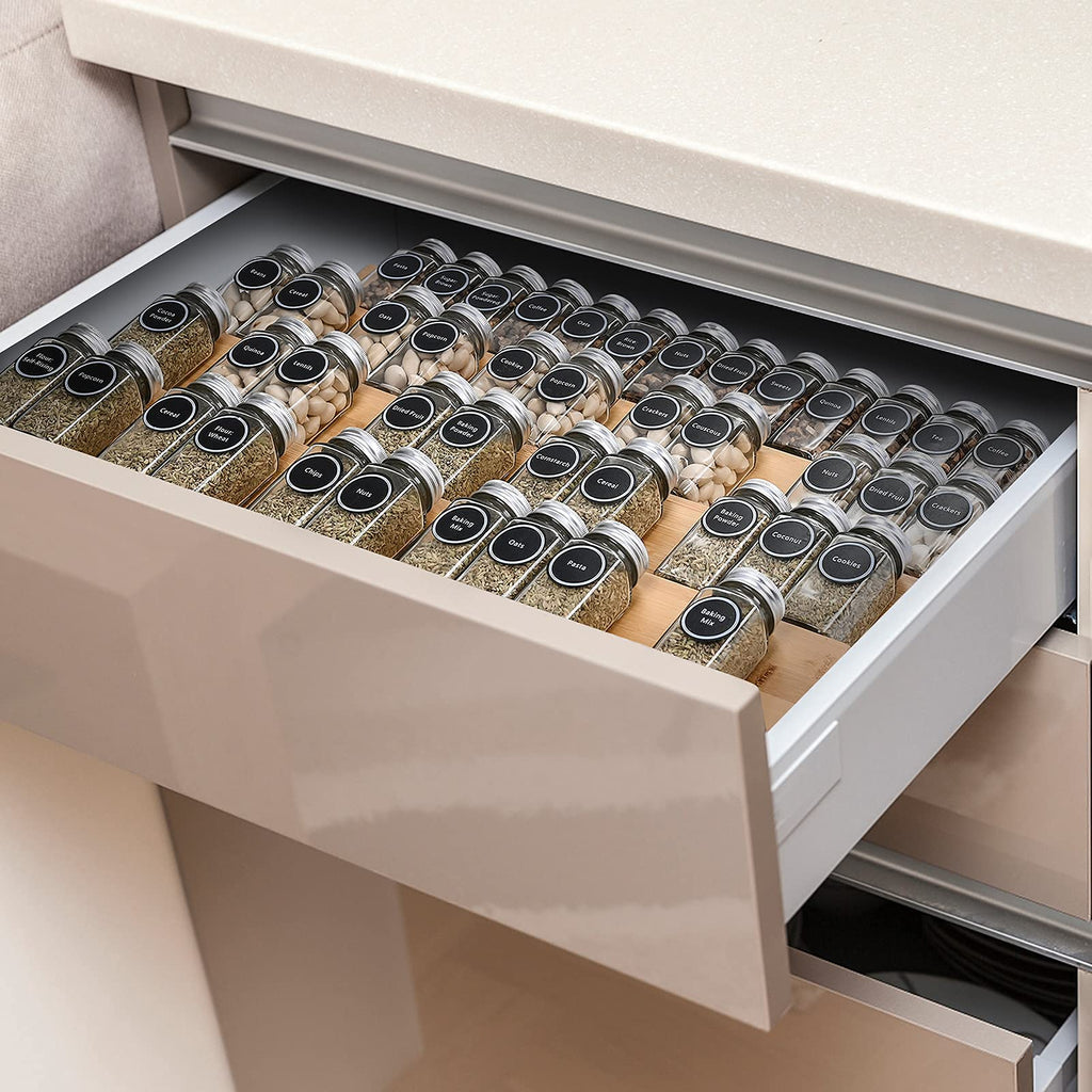 Bamboo Spice Rack Tray - Spice Drawer Organizer Cabinets Storage and Organization (Jars Not Included, 8 Individual