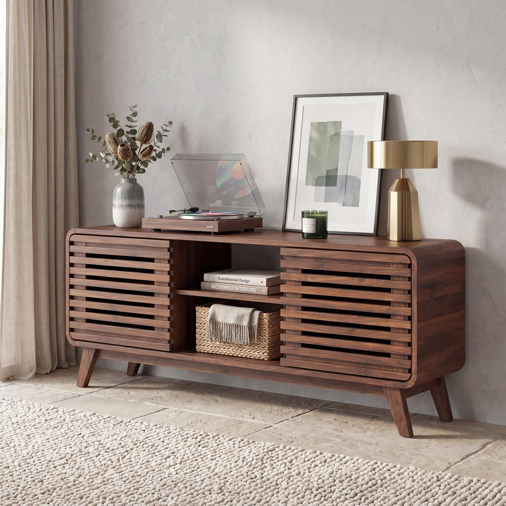 Mid Century Modern TV Stand for 65 inch TV with Grille Doors