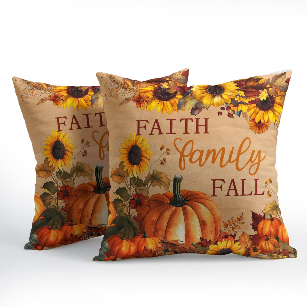 Faith Family Fall Pumpkin Pillow Covers 12x12 Inches Autumn Sunflowers Throw Pillow Case Set of 2 Pillows Cotton
