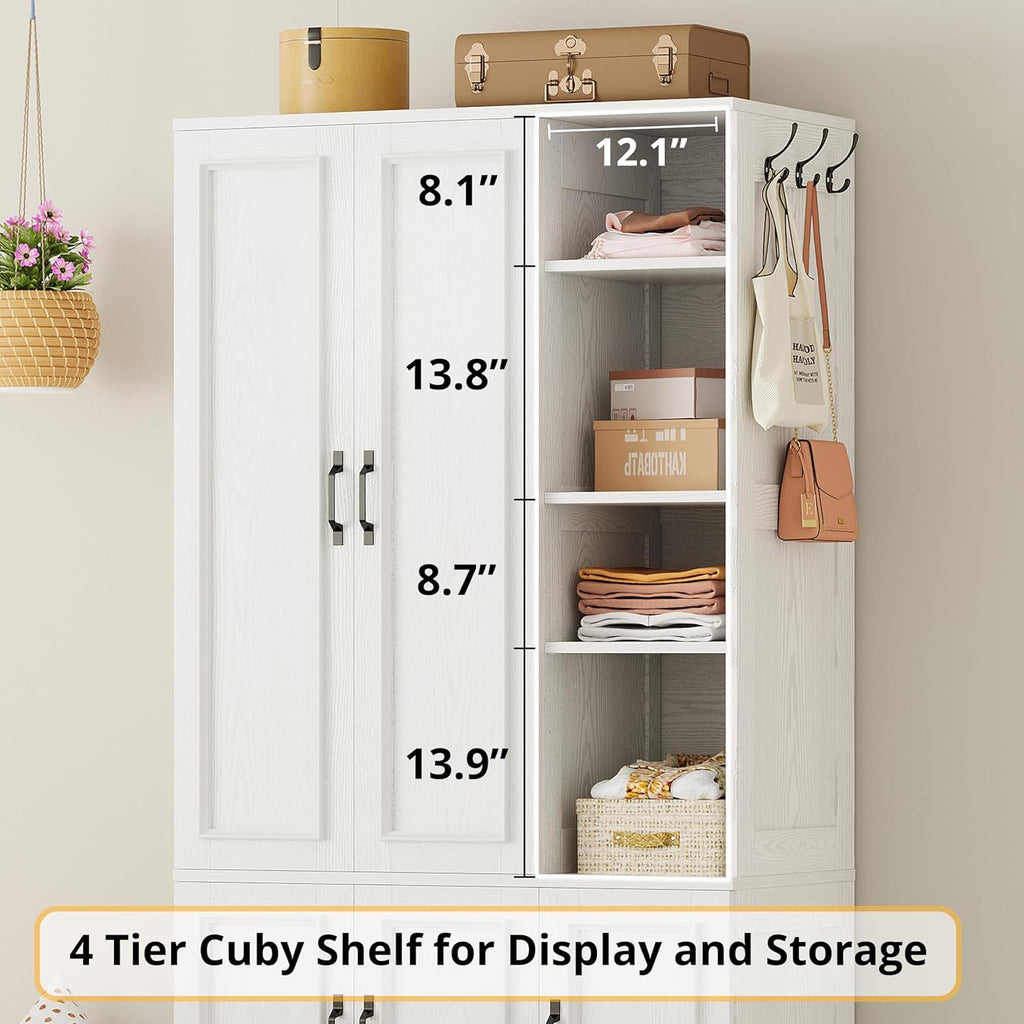 Armoire Wardrobe Closet 70" H, 5 Doors , White | Wooden Wardrobe with 4 Storage Shelves and Hanging Rod, Clothing
