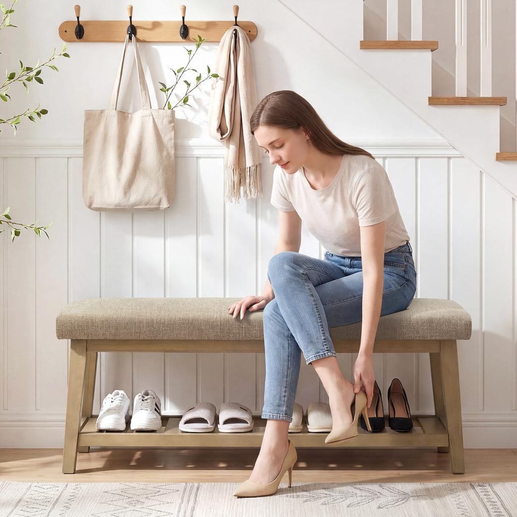 Entryway Bench with Cushion, Upholstered Shoe Rack Bench with Solid Wood Shelf, 44" End of Bed Bench, Chenille