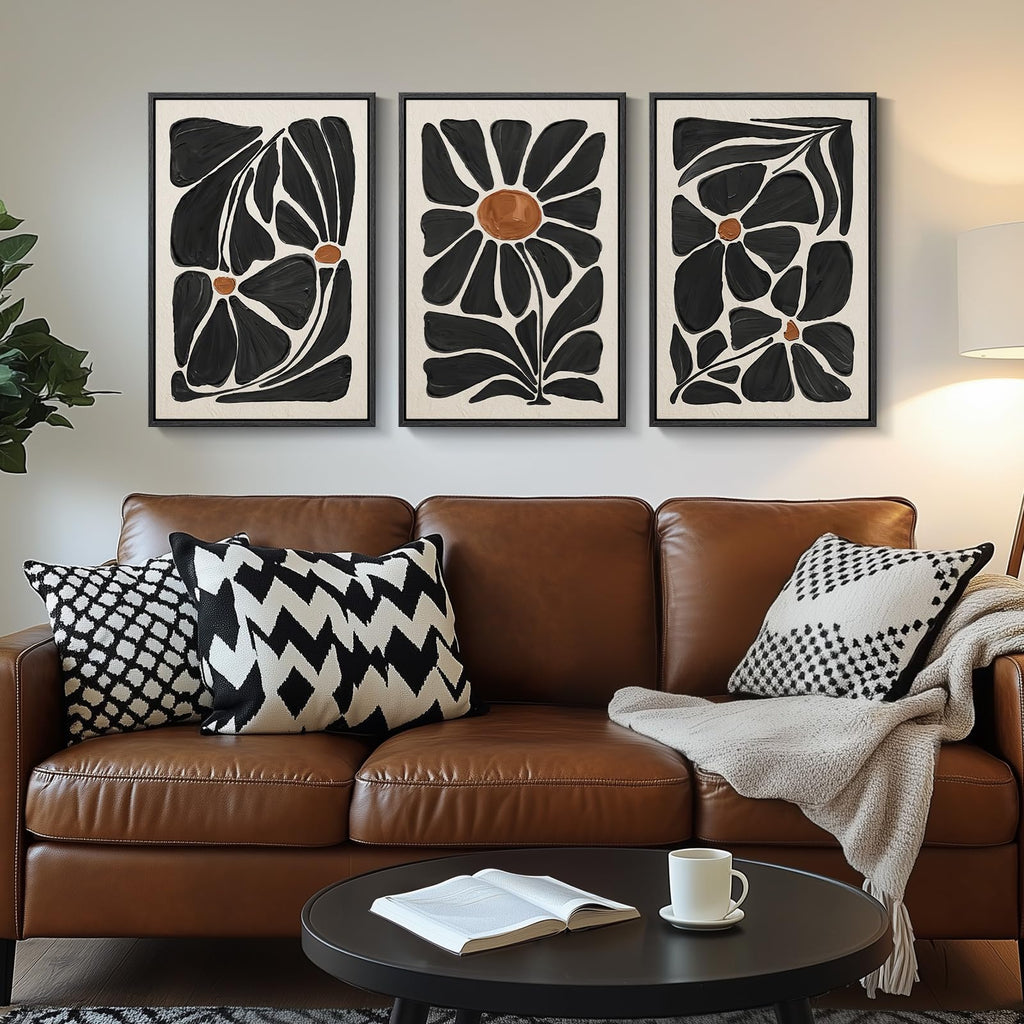 Large Framed Black and White Boho Floral Wall Art, 3 Piece