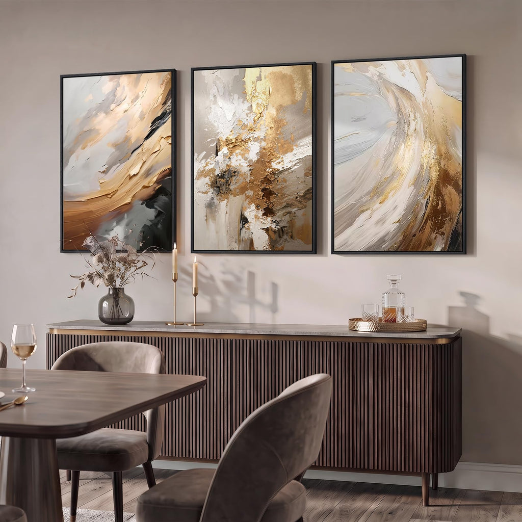 Large Framed Neutral Luxury Abstract Wall Art, 3 Piece Set, Each 20x30 In