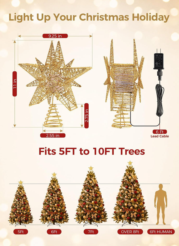 Star Tree Topper with Projector Lights - Double Star Style - Gold