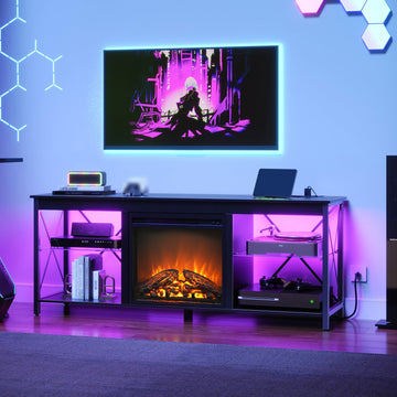 With Charging Station and LED Lights, TV Stand with Fireplace for TVs up to 65", Entertainment Center with Fireplace