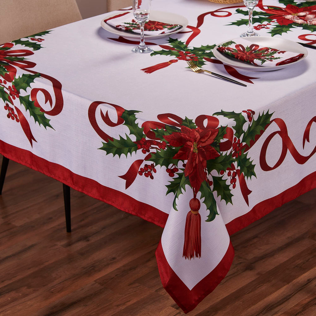 Christmas Ribbon Tablecloth (60 x 84 Inch) for 5 Foot Rectangle Tables, Heavy Duty Fabric, Stain Proof Xmas Ribbon