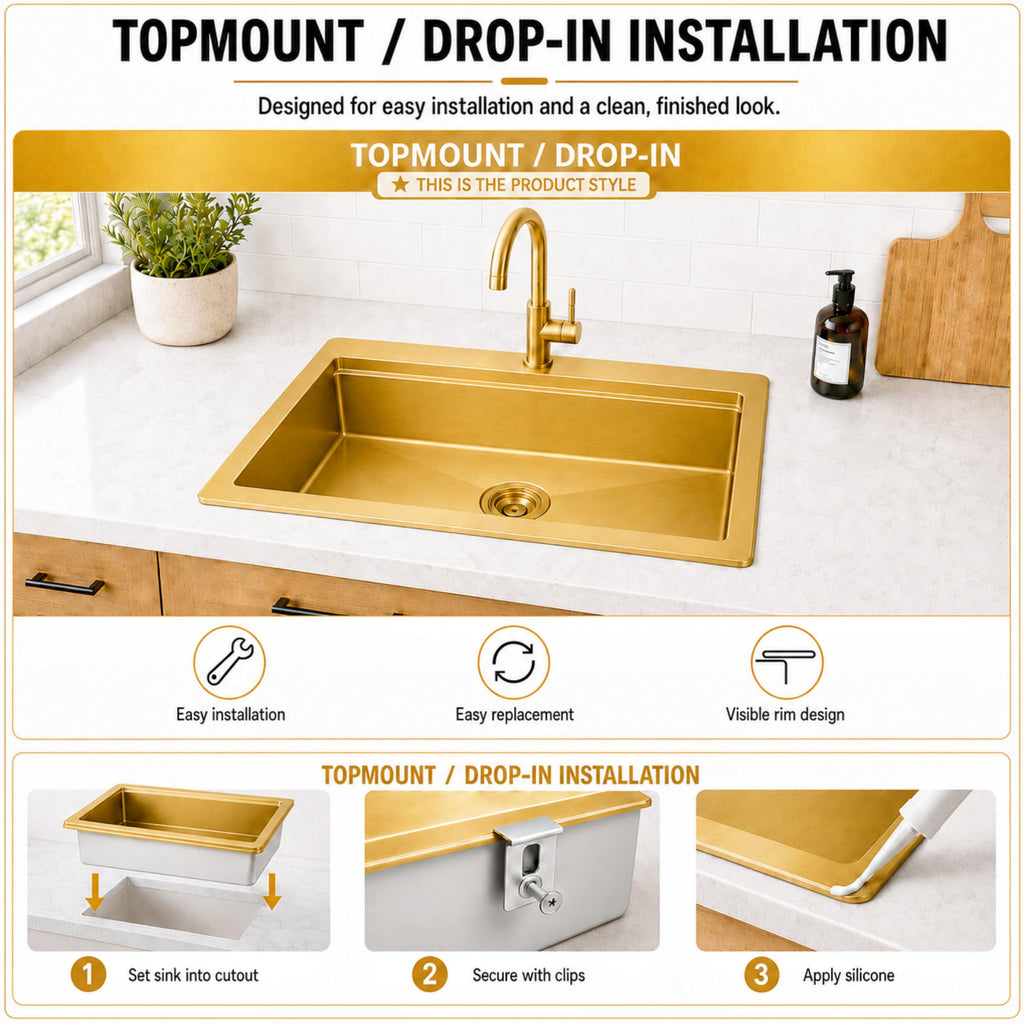 33" X 22" Drop In Gold Kitchen Sink, Single Bowl Top Mount Kitchen Sink, 16 Gauge Stainless Steel Workstation Sinks