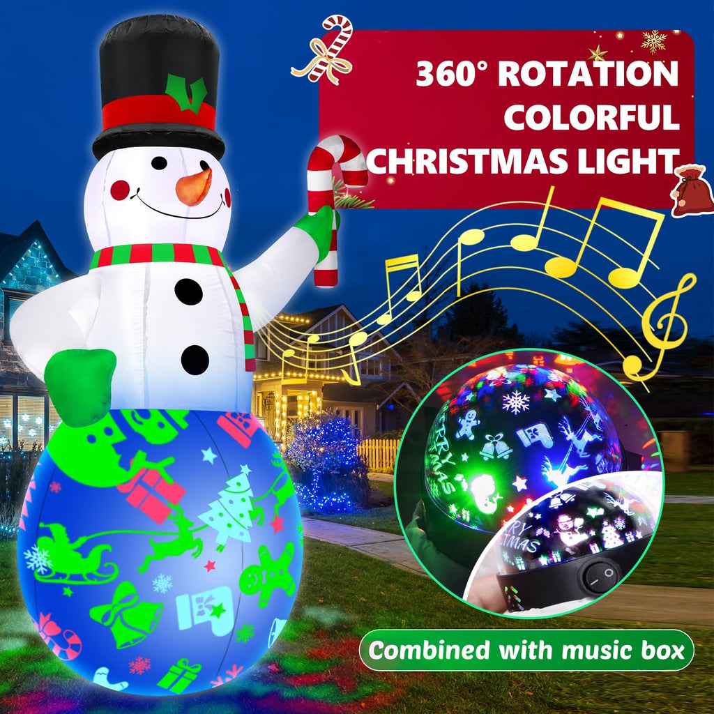 7Ft Christmas Inflatables Snowman Built-in Music Box & Rotating Colorful LED Lights, Christmas Inflatable Decoration