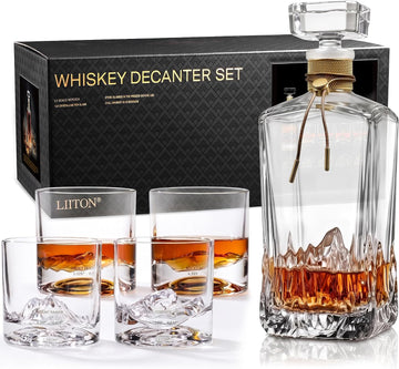 American Peaks Whiskey Decanter Set with 4 Heavy Glasses - Mens Gift - Set of 5
