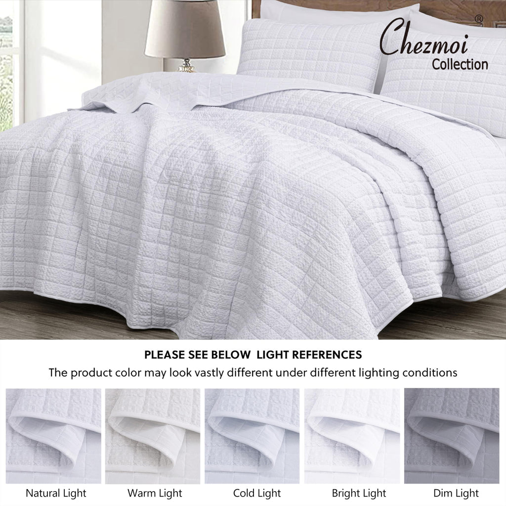 Wilmer 3-Piece Waffle Quilt Set, White, Soft and Cozy Waffle Weave Textured Lightweight Bedspread for All