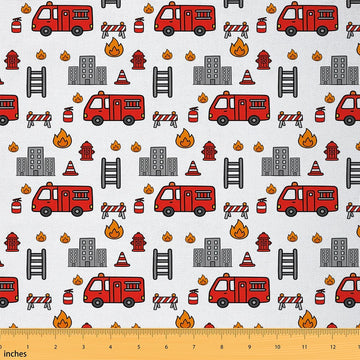Cartoon Fire Trucks Fabric by The Yard Cartoon Buildings Vehicle No Stretch Fabrics for Sewing Supplies Fire Hydrant