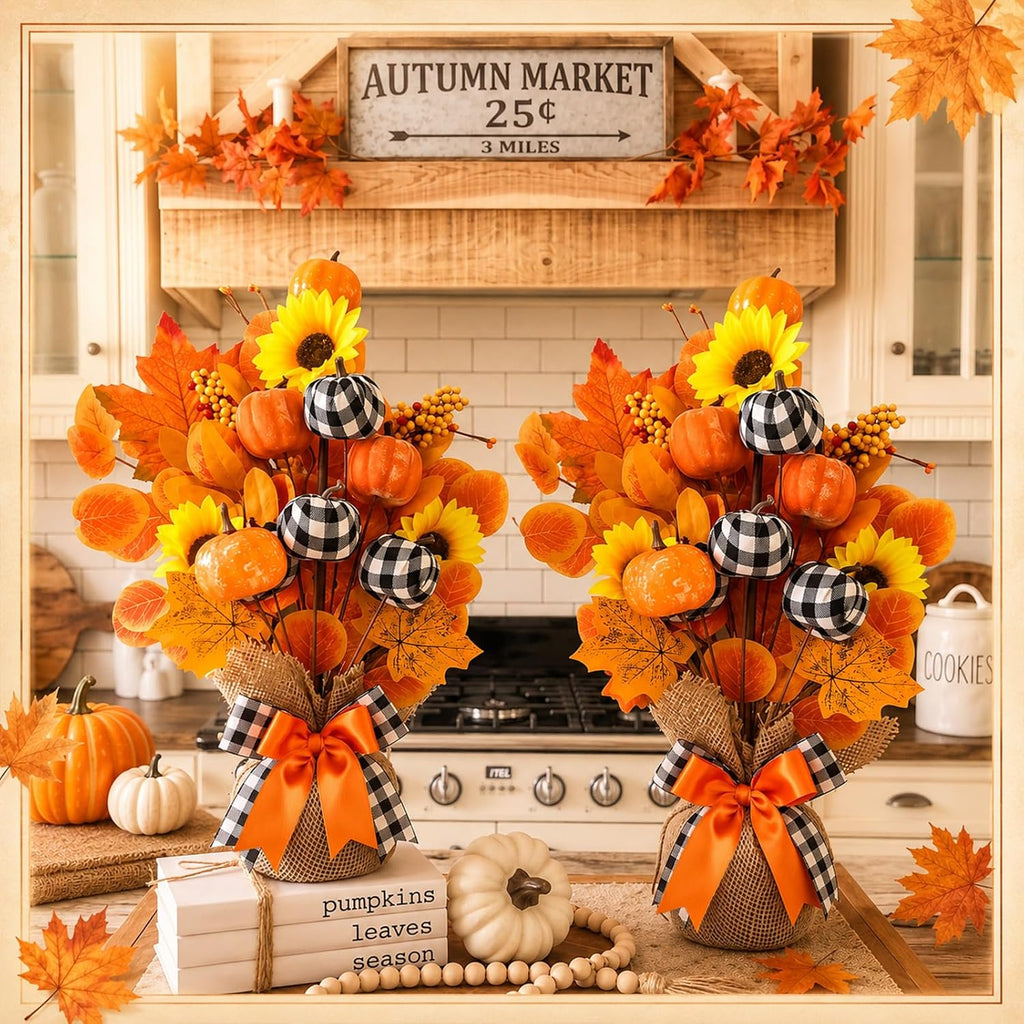 Fall Centerpiece for Tables Artificial Pumpkin Tabletop Decoration - Set of 2