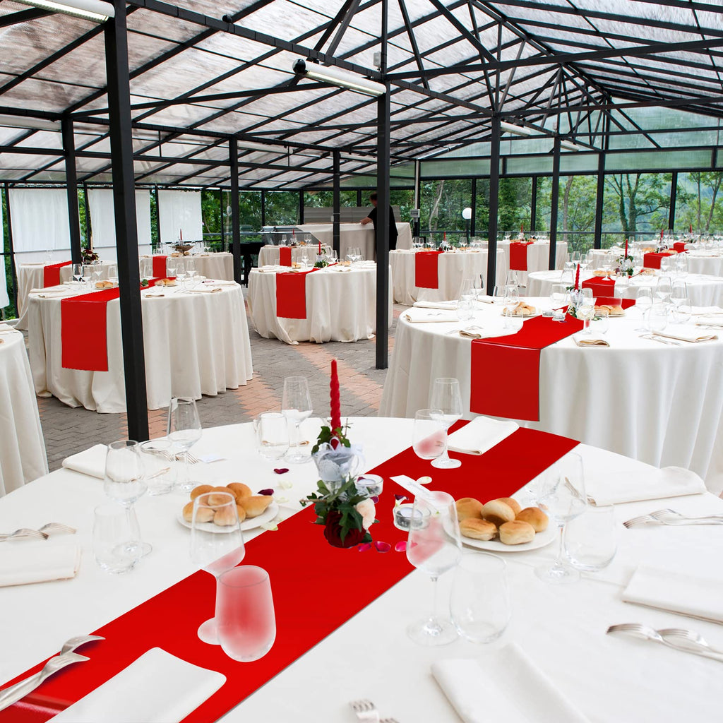 12 Pack 12x108 Inch Satin Table Runner and 84 Inch Round Plastic Tablecloths Set Red and White Disposable Round Table