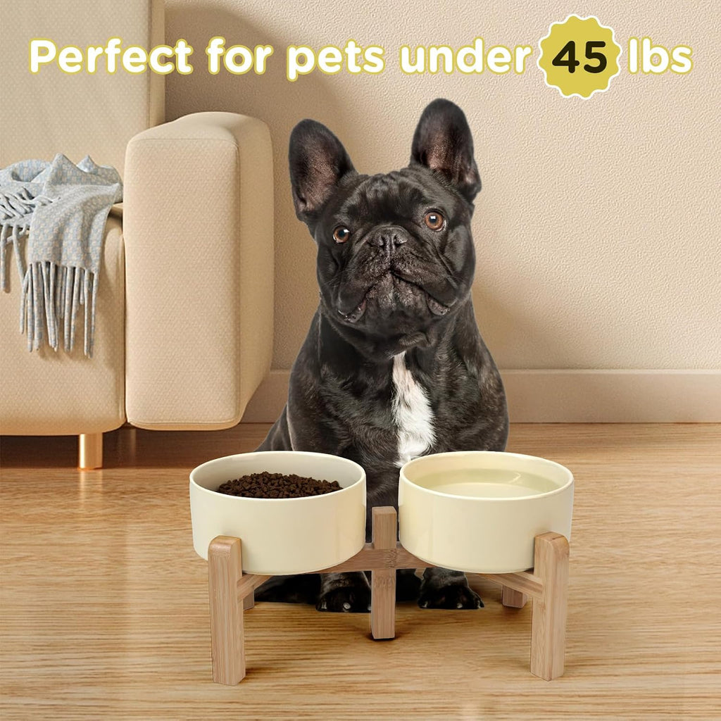 Elevated Dog Bowls Ceramic, 6.1'' Dogs and Cat Food Water Bowls Raised with Non-Slip Bamboo Stand for Medium Sized