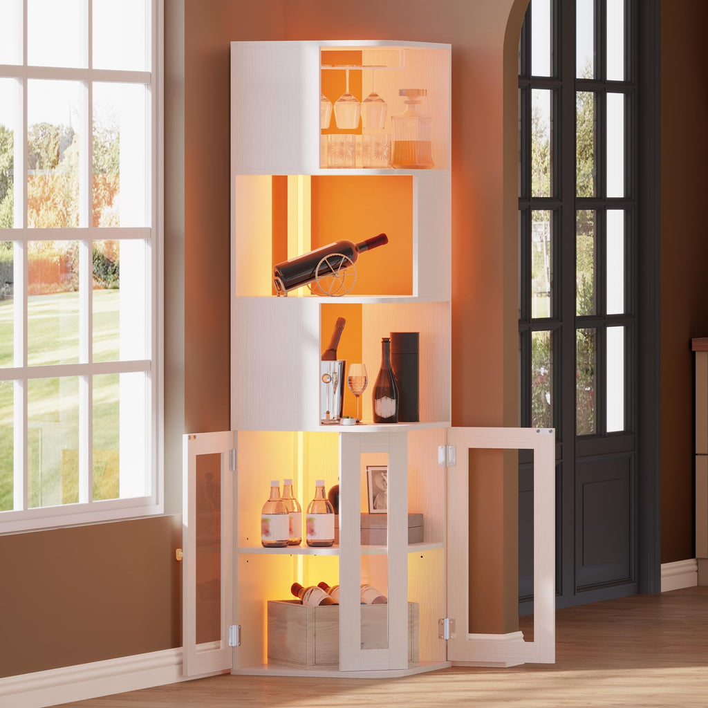 Corner Wine Cabinet with LED Lights & Glass Holder