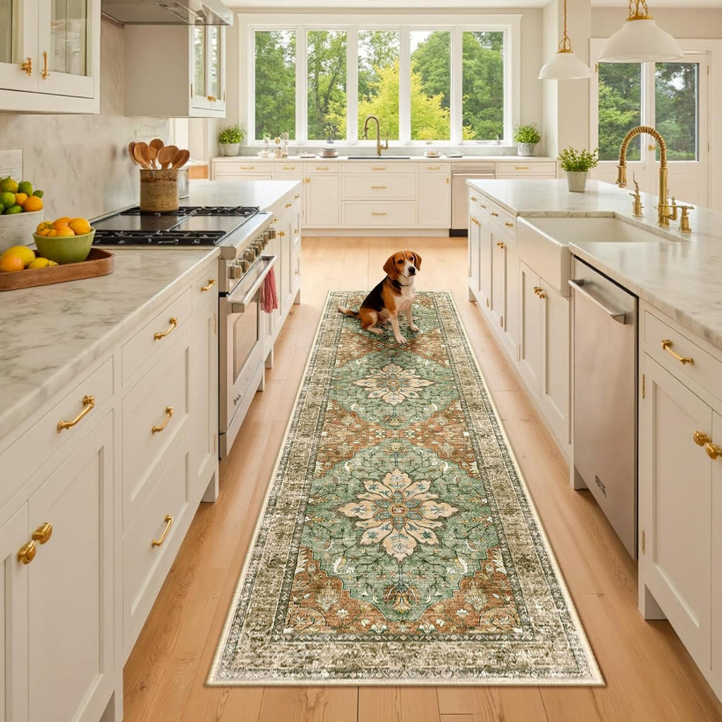Area Rugs Runner 2'x8' Washable Non-Slip, Floral Vintage Distress Medallion Carpet for Kitchen Hallw