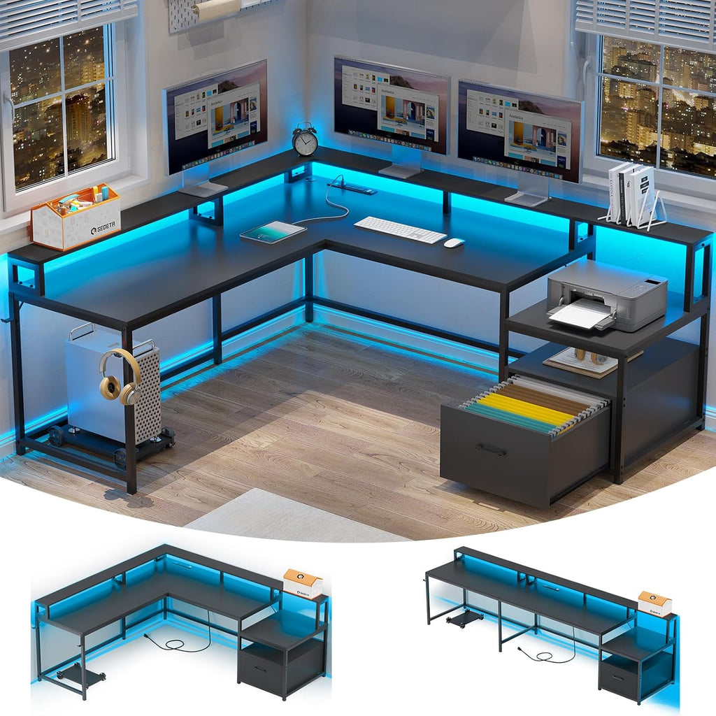 L Shaped Gaming Desk, 66" Home Office Desk with Wood File Drawer & Power Outlet