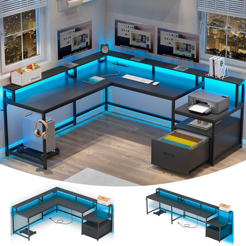 L Shaped Gaming Desk, 66" Home Office Desk with Wood File Drawer & Power Outlet