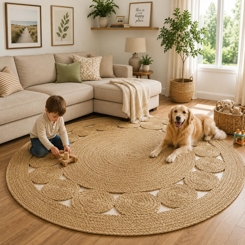Jute Area Rug 7 ft Round Natural Hand Woven Farmhouse Rustic Charm