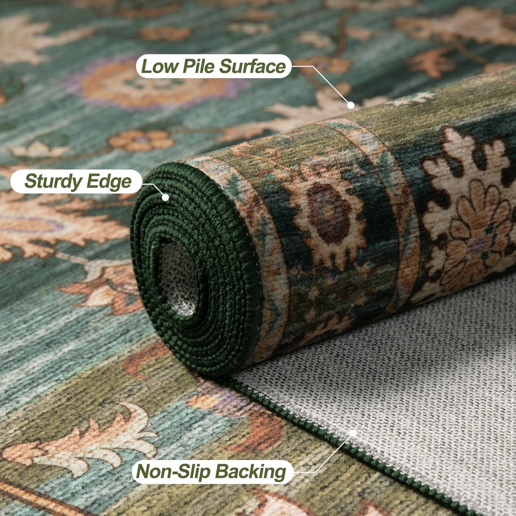 Washable Runner Rug Non Slip, 2x6 Green Gold Floral Rug