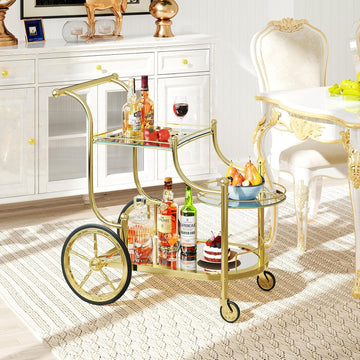 Glass Rolling Bar Cart, 3-Tier Mirrored Serving Bistro Cart with Wheels and Metal Rails, Mobile Wine Drink Cart