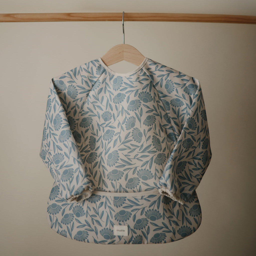 Long Sleeve Baby Bib | Water Resistant Adjustable Fit (Blue Flowers)