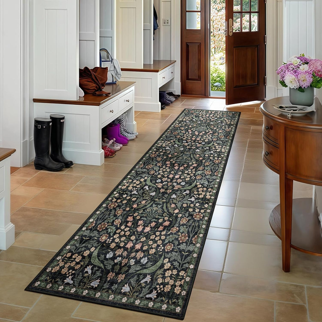 Washable Runner Rug Black Boho Floral Kitchen Bedroom