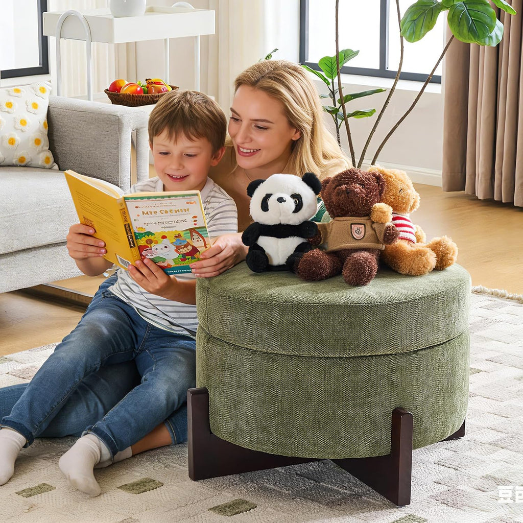 26Inch Round Storage Ottoman, Modern Chenille Upholstered Ottoman with Storage, Ottoman Coffee Table with Removable