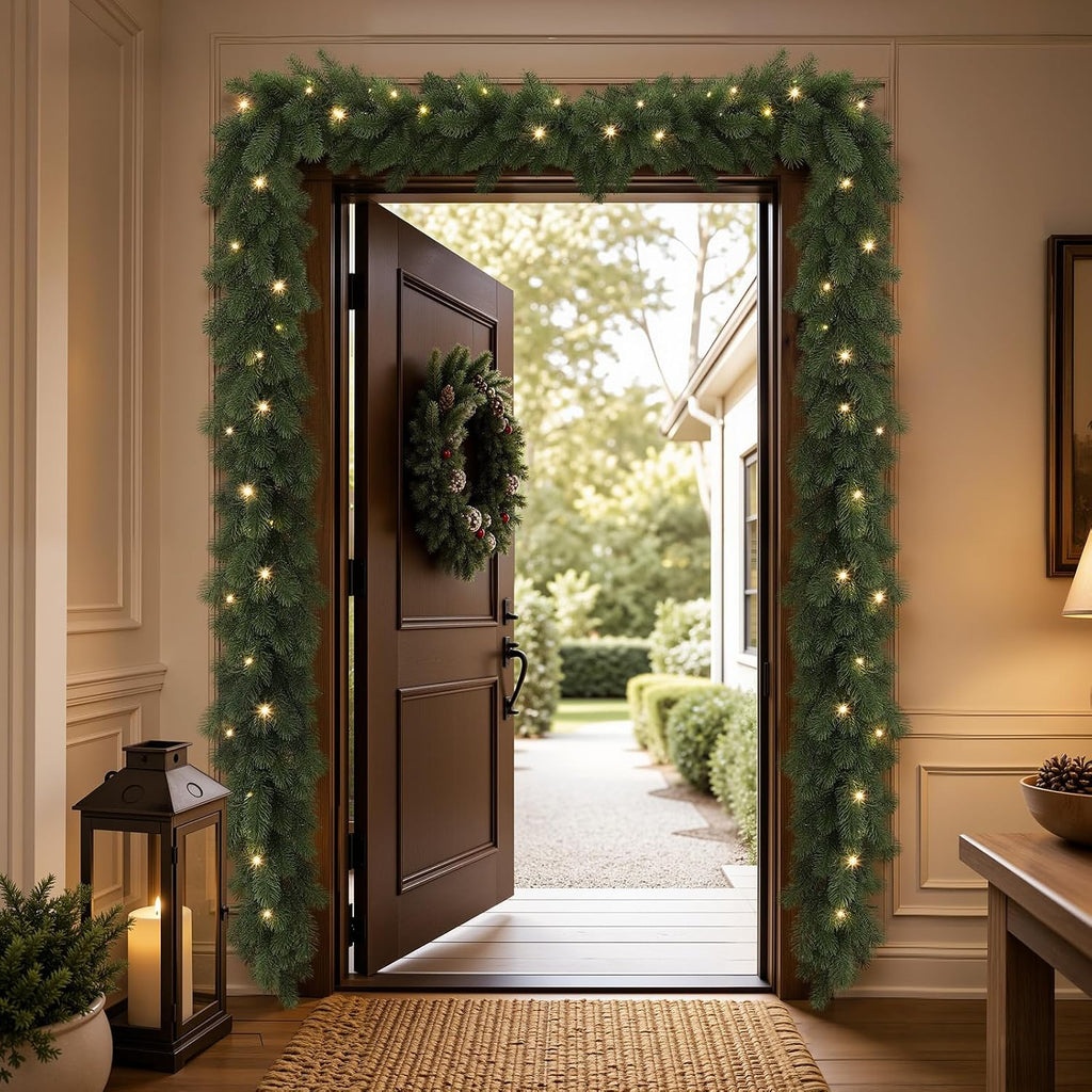 2PCS 9FT Pre-Lit Christmas Garland, Lighted Norfolk Pine Garland