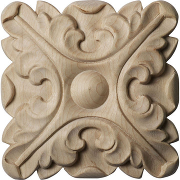 Acanthus Square Rosette, 4 1/4" W x 4 1/4" H x 5/8" P, Cherry