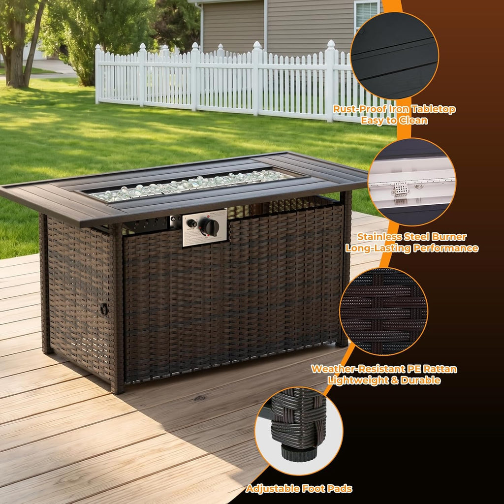 44 Inch Propane Fire Pit 50000 BTU 2 in 1 Outdoor Gas Fire Pit Table with Removable Lid, Waterproof Cover, Glass