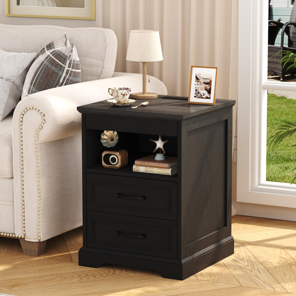 Farmhouse Night Stand with Gun Drawer & Invisible Lock, 25" Tall Bedside Table with Charging Station, End Table with
