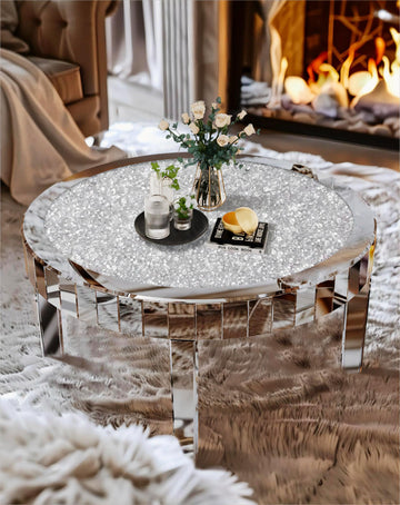 Silver Mirrored Coffee Table: 31.5in Round Crushed Diamond Tabletop