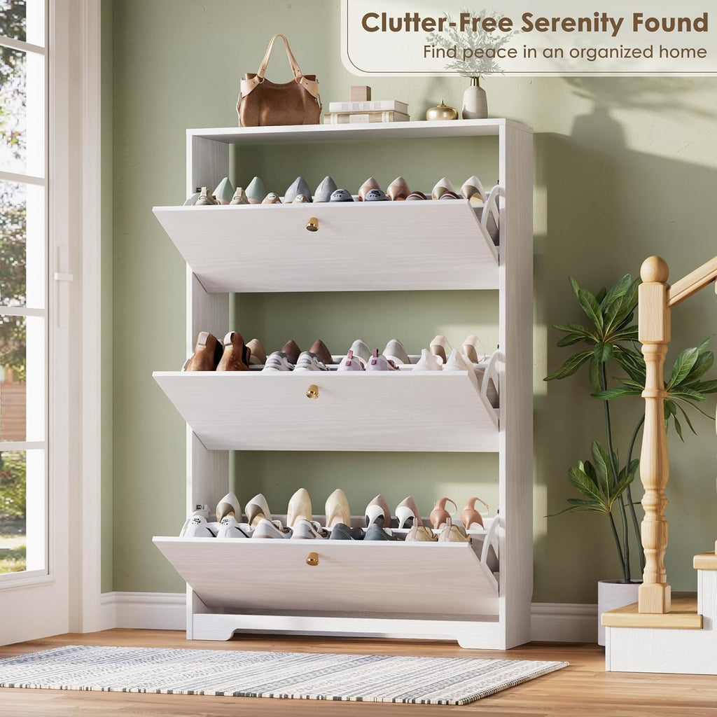 Shoe Cabinet with 3 Flip Drawers, Narrow Shoe Organizer Cabinet, Freestanding Shoe Rack Cabinet, Modern Shoe Storage
