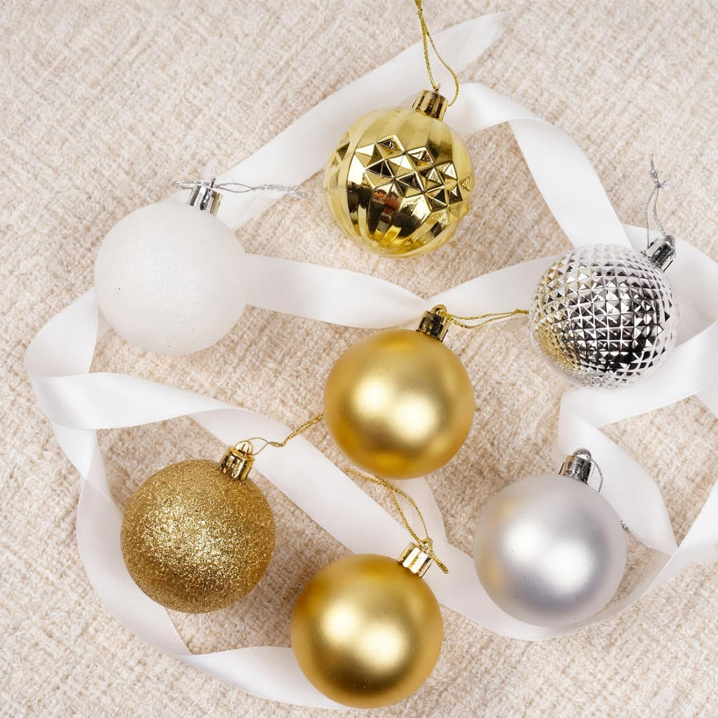 Tree Decorations Ornament Set, 60ct 2.36 Inches White Sliver and Gold Shatterproof Christmas Ball Ornaments, Hanging