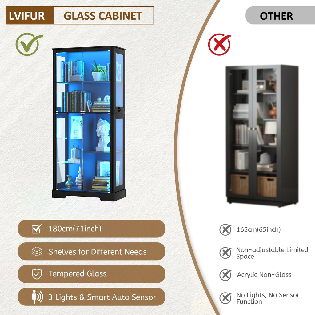 71" Display Cabinet with Glass Doors and Auto Sensor Lights - Black
