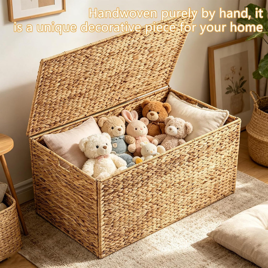 Water Hyacinth Wicker Storage Trunk with Metal Frame 36x20x18.5Inch Large Rattan Basket Decorative Blanket Chest