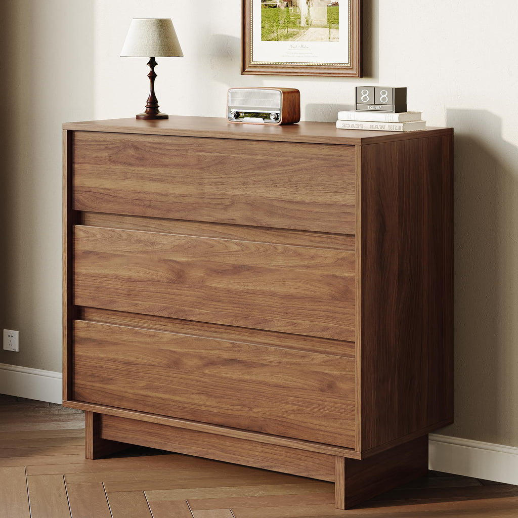 Walnut Dresser, 31in Modern 3 Drawer Chest of Drawers