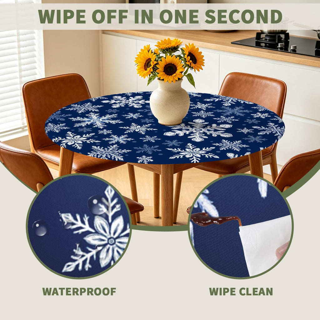 Blue Christmas Round Fitted Tablecloth with Elastic for 48"-52"