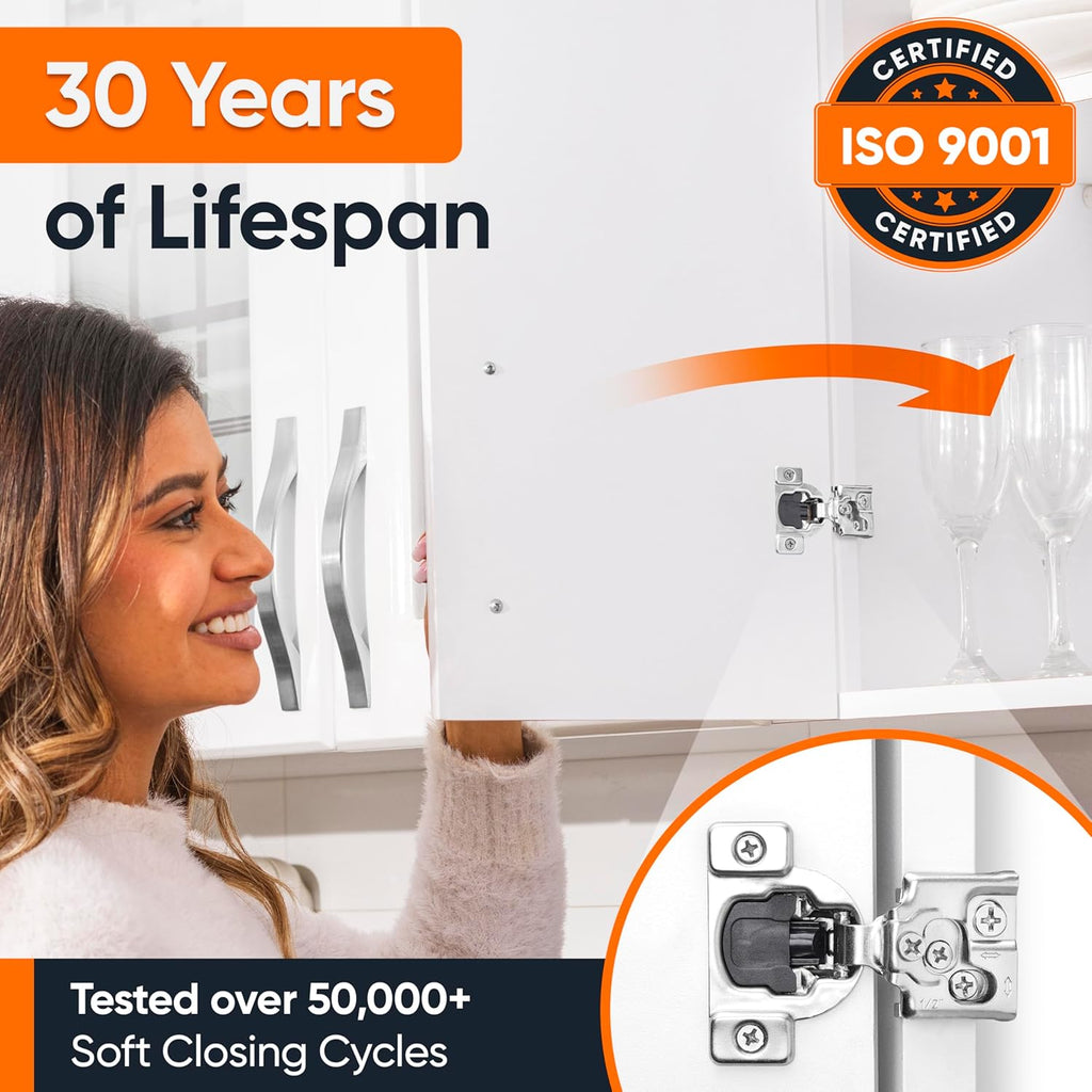 50 Pack Soft Close Cabinet Hinges - 1/2" Overlay Doors, Slow Self-Closing Concealed Hidden Hinges for Face Frame