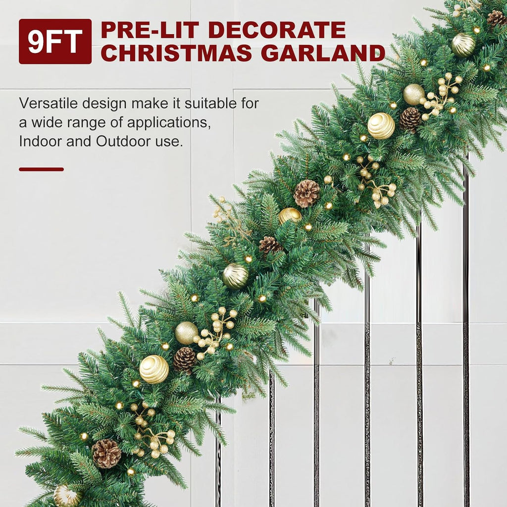 9FT Pre-Lit Artificial Christmas Garland with Dual Color LED Lights and Timer by Remote Control and Batteries