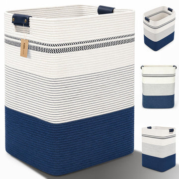Laundry Hamper, Cotton Rope Laundry Basket with Leather Handles, 25.1-Gallon/95 L Large Clothes Hampers for Laundry