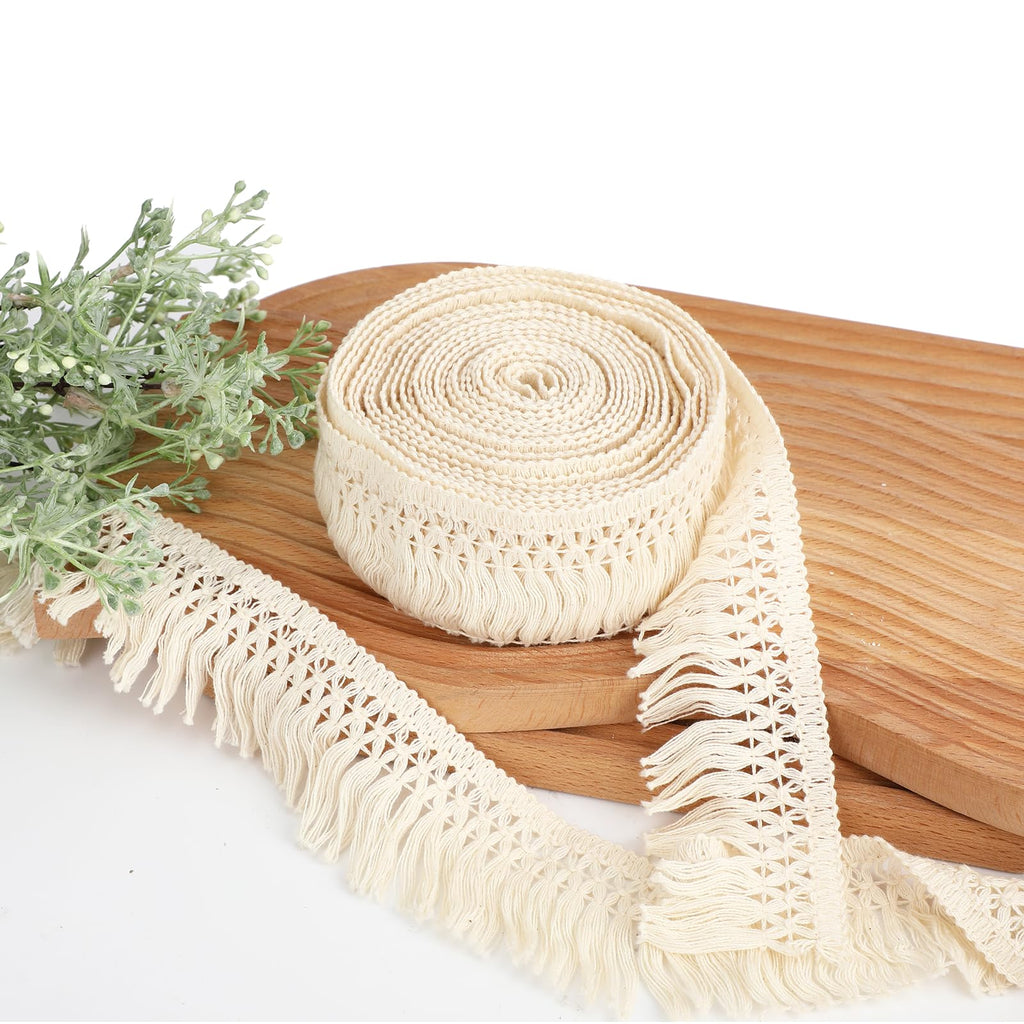 Fringe Tassel Trim 2.3-Inch Wide Boho Long Beige Lace Cotton Trimming for Clothes Curtains Dress Sewing - 10 Yards