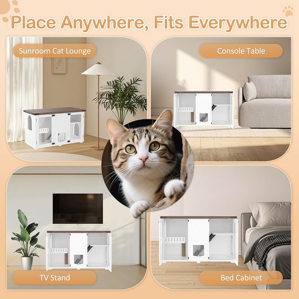 Farmhouse Cat Litter Box Enclosure with Stairs and Scratching Post, 47" Dual-Acrylic Door Cats House with LED Light