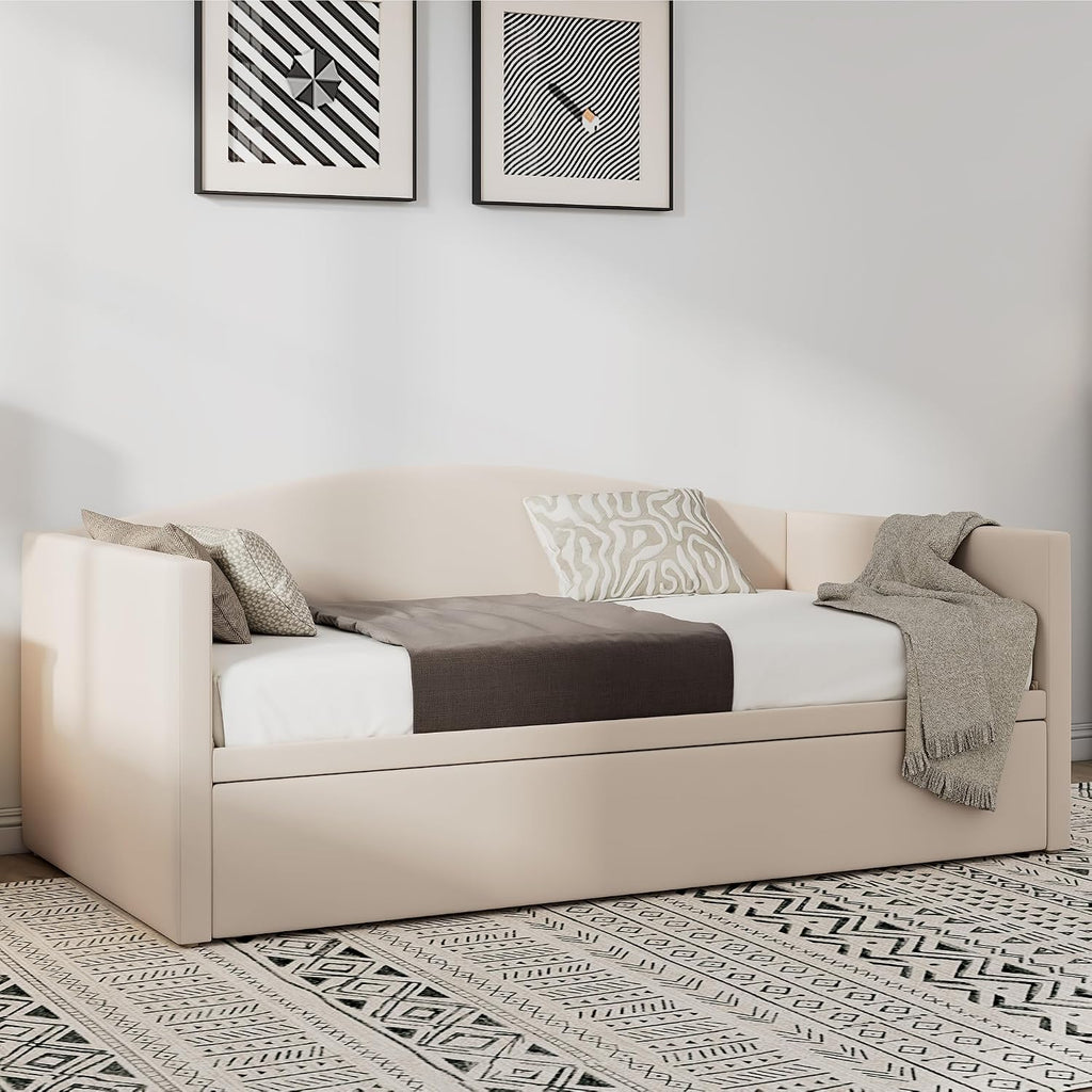 Twin Daybed with Trundle, Velvet Upholstered Day Bed with Pop Up Trundle & Soft Padded Backrest, Twin to King