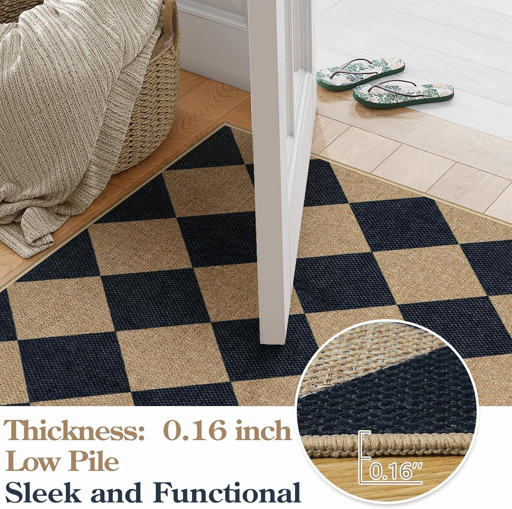 Checkered Easy Jute 5x7 Outdoor Rug, Black Washable Rugs 5x7 Neutral Indoor Outdoor Carpet, Non Slip Stain Resistant