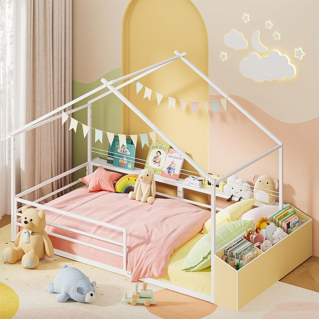 House Bed with Storage Organizer, Metal Montessori Floor Bed for Kids