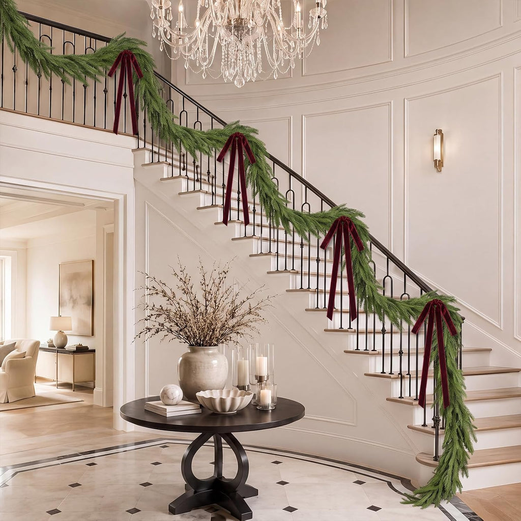 15ft Christmas Garland for Stair with 4 Velvet Bows, Norfolk Pine