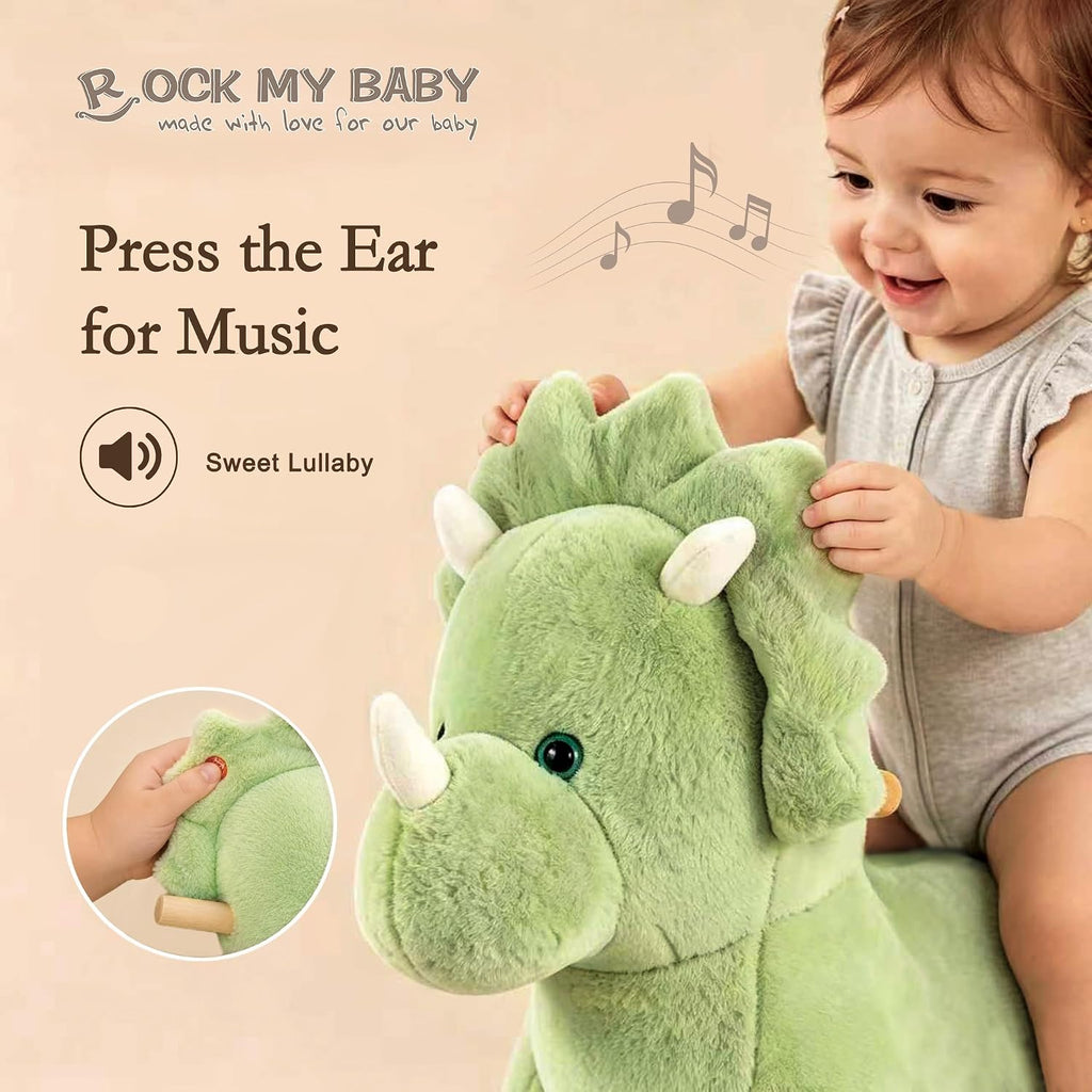 Rocking Horse Green Dinosaur with Chair, Plush Stuffed Rocker for Toddlers 1-3, Baby Rocker with Sweet Music, Wooden